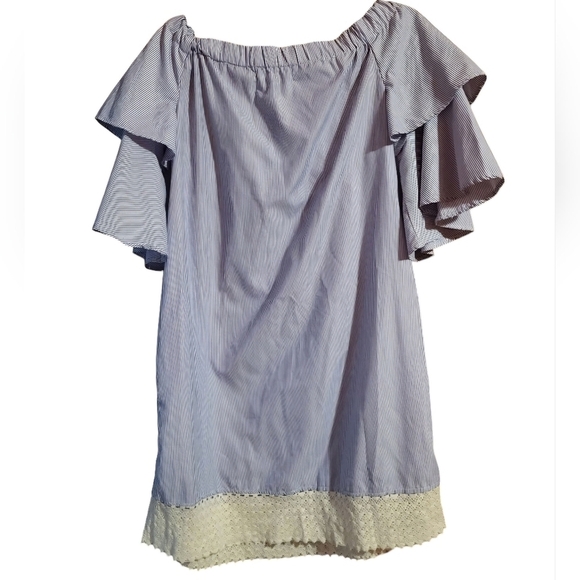 Song of Style Off Shoulder Ruffled Sleeve Blue Striped Cotton Dress Size Large - Picture 2 of 6
